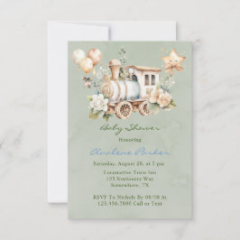 Sage Dusty Blue Train Boy Baby shower Bedankkaart