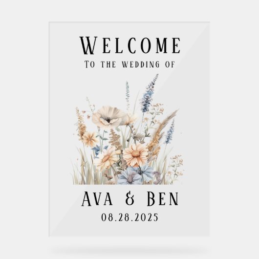 Sage Dusty Blue Wildflowers Huwelijk Welkomstbord Acryl Bord (Voorkant)
