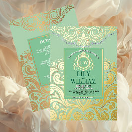 Sage Elegant Artdeco Diamond Monogram Bruiloftsgou Folie Uitnodiging