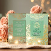 Sage Elegant Artdeco Diamond Monogram Bruiloftsgou Folie Uitnodiging