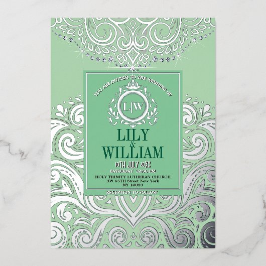 Sage Elegant Artdeco Diamond Monogram Huwelijk Folie Uitnodiging (Voorkant)
