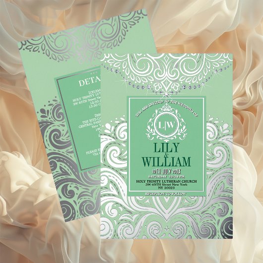 Sage Elegant Artdeco Diamond Monogram Huwelijk Folie Uitnodiging