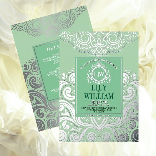 Sage Elegant Artdeco Diamond Monogram Huwelijk Folie Uitnodiging
