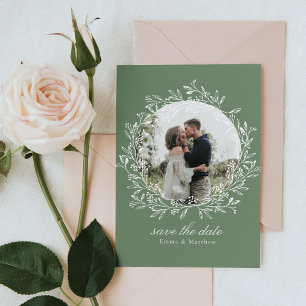 Sage Elegant Botanical Line Krans Foto & QR Save The Date