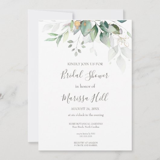 Sage Elegant Eucalyptus Bridal Shower Invitation Kaart (Voorkant)