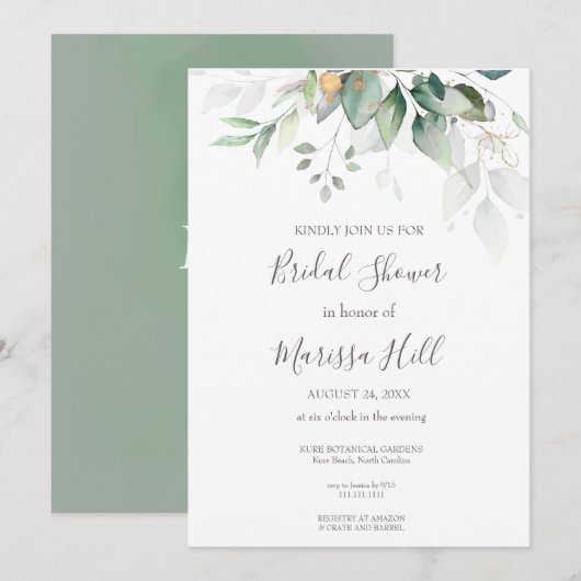 Sage Elegant Eucalyptus Bridal Shower Invitation Kaart (Voorkant / Achterkant)