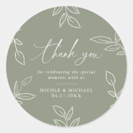 Sage Elegant Leaves Wedding Bedankt Ronde Sticker