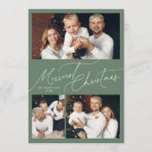 Sage Elegant Script Merry Christmas Family 3 Photo Feestdagenkaart (Voorkant)