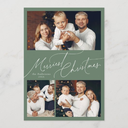 Sage Elegant Script Merry Christmas Family 3 Photo Feestdagenkaart (Voorkant)
