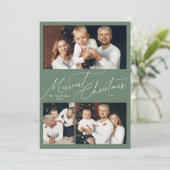 Sage Elegant Script Merry Christmas Family 3 Photo Feestdagenkaart (Staand voorkant)