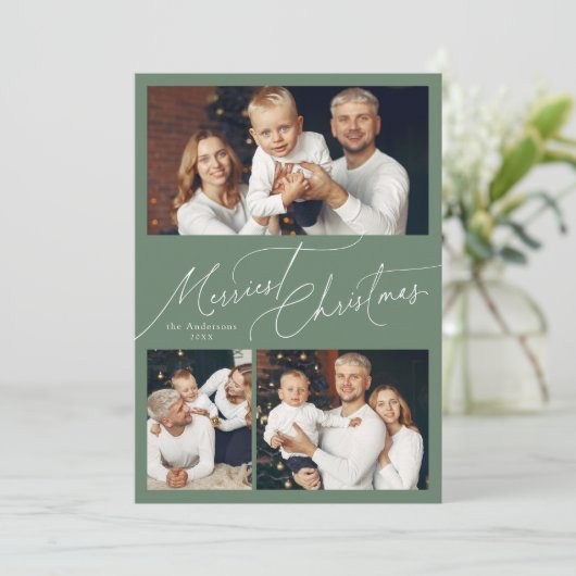 Sage Elegant Script Merry Christmas Family 3 Photo Feestdagenkaart (Staand voorkant)