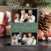 Sage Elegant Script Merry Christmas Family 3 Photo Feestdagenkaart