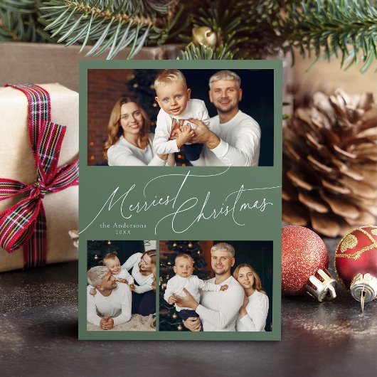 Sage Elegant Script Merry Christmas Family 3 Photo Feestdagenkaart