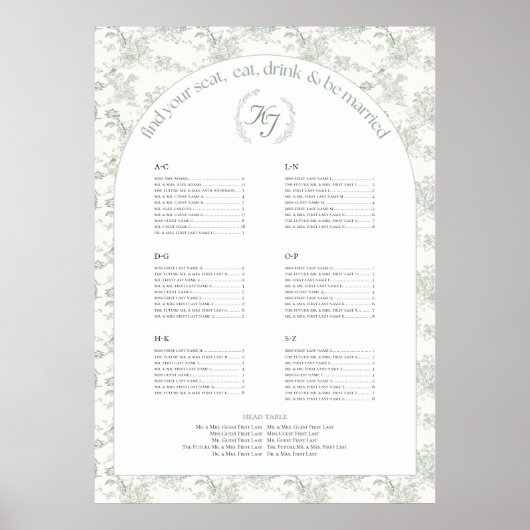 Sage Elegant Toile Seating Chart Poster (Voorkant)
