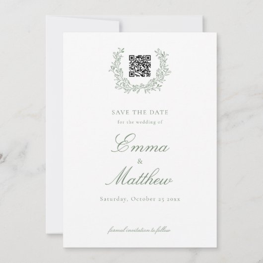 Sage Elegante Botanische Lijn Krans Foto & QR Save The Date (Achterkant)