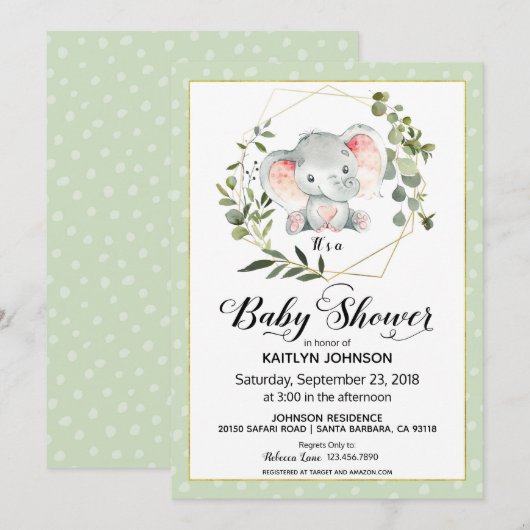Sage Elephant Modern Baby shower Kaart (Voorkant / Achterkant)