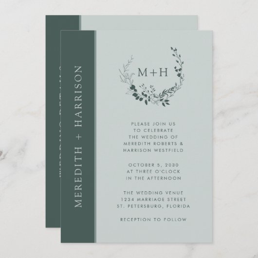 Sage Emerald Monogram Alles in één bruiloft Kaart (Voorkant / Achterkant)