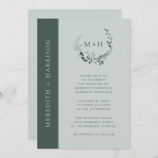 Sage Emerald Monogram QR Code Huwelijk Kaart (Voorkant / Achterkant)