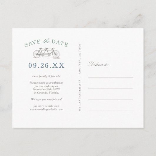 Sage en Blauwe Fiets 2 Foto Opslaan van de Datum Aankondigingskaart (Achterkant)