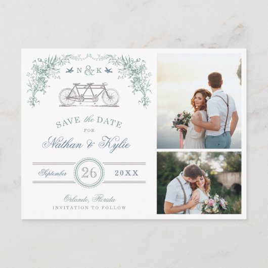 Sage en Blauwe Fiets 2 Foto Opslaan van de Datum Aankondigingskaart (Voorkant)