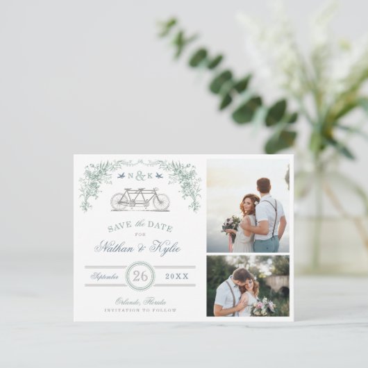 Sage en Blauwe Fiets 2 Foto Opslaan van de Datum Aankondigingskaart (Staand voorkant)