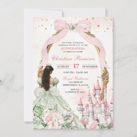 Sage en Blush Roze Coquette Boog Sprookjeskasteel Kaart (Voorkant)