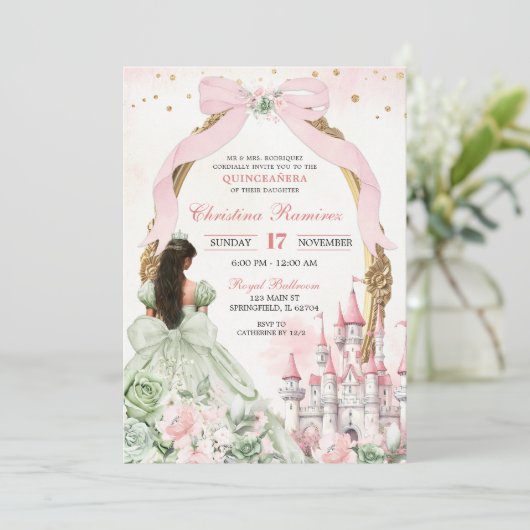 Sage en Blush Roze Coquette Boog Sprookjeskasteel Kaart (Staand voorkant)