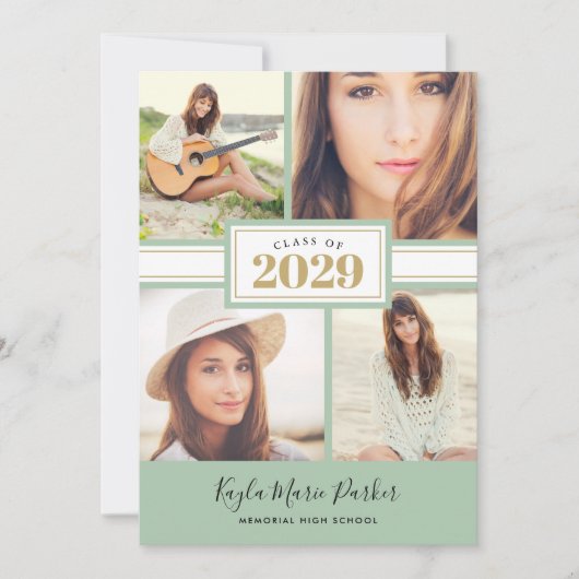 Sage en goud | 4 Foto-Afstuderen-uitnodiging Aankondiging (Voorkant)