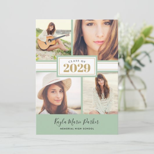 Sage en goud | 4 Foto-Afstuderen-uitnodiging Aankondiging (Staand voorkant)