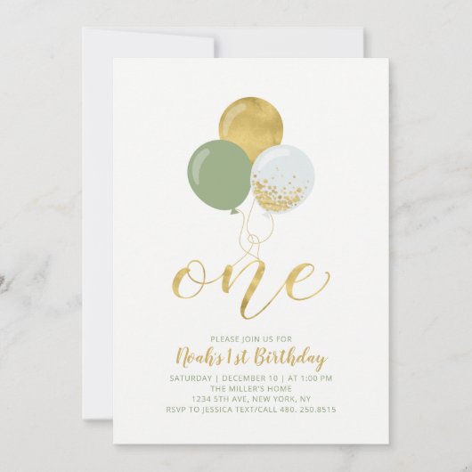Sage- en goudballonnen | Eerste verjaardag Kaart (Voorkant)