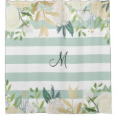 Sage en ivoor | Monogram bloemen en strips Douchegordijn (Voorkant)