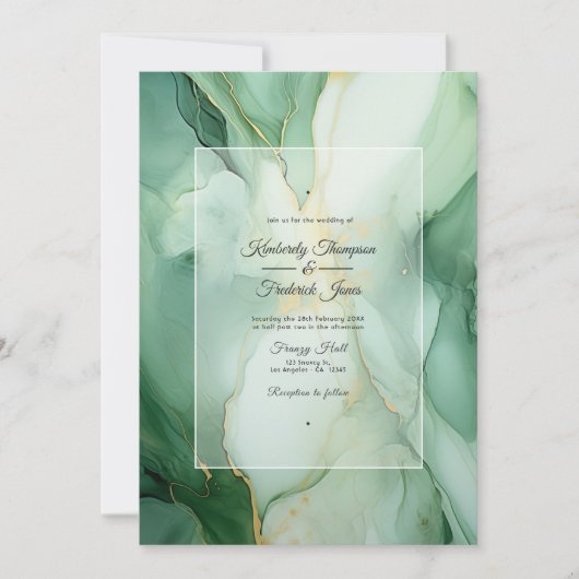 Sage en Ivory Ink Bruiloft Kaart (Voorkant)