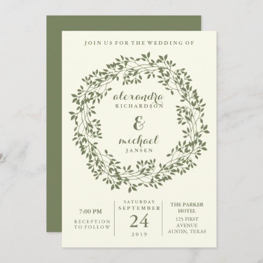 Sage en Ivory Rustic Botanical Wreath Wedding Kaart (Voorkant / Achterkant)