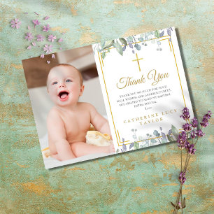 Sage en Lila Floral Baptism / Christening Foto Bedankkaart