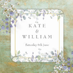 Sage en Lila Waterverf Floral Wedding Vierkante Sticker<br><div class="desc">De  sage en de lila bladeren kunnen over een elegant goudlijst lopen dat uw namen en speciale datum omsluit die in klassieke elegante teksten zijn vastgesteld. Ontworpen door: Thisnotme©</div>
