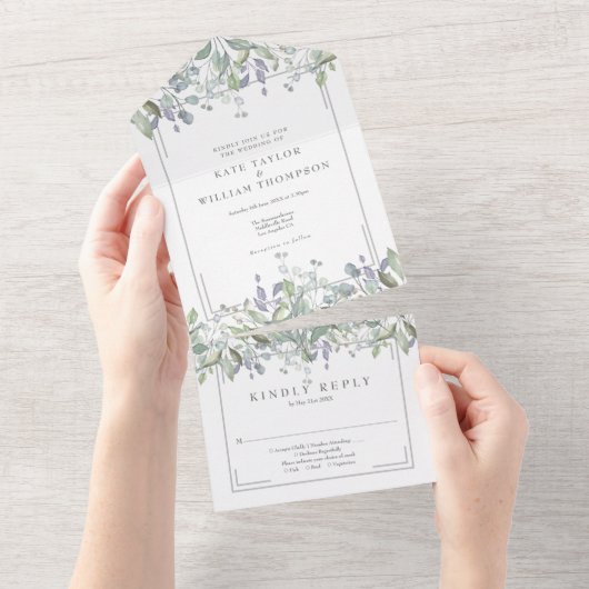 Sage En Lilac Bloemend Monogram Bruiloft All In One Uitnodiging (Afscheurbaar)