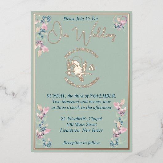 Sage en Roze Bloemen Bruiloft Folie Uitnodiging (Voorkant)