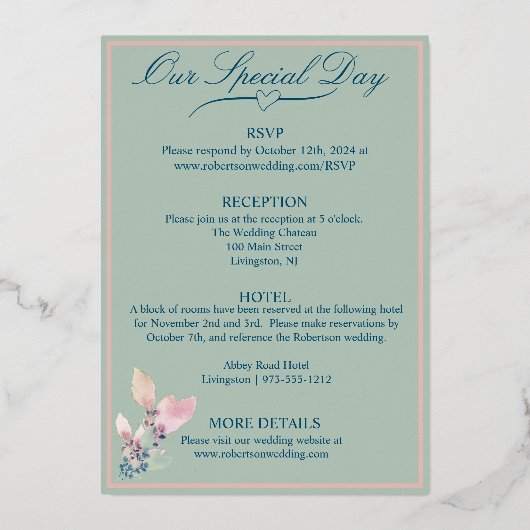 Sage en Roze Bloemen Bruiloft Folie Uitnodiging (Achterkant)