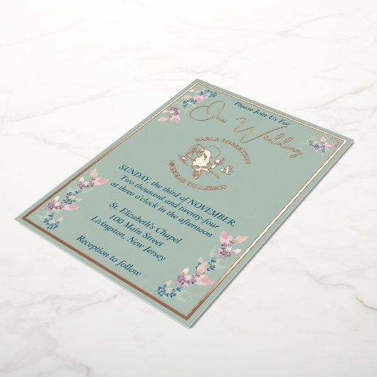Sage en Roze Bloemen Bruiloft Folie Uitnodiging (Gedraaid)