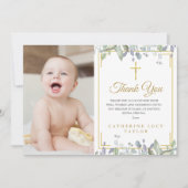 Sage en Sering Bloemen Doop / Doopfeest Foto Bedankkaart (Voorkant)