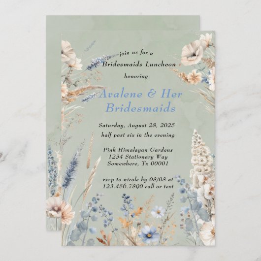 Sage en stoffige blauwe bloemen bruidsmeisjes lunc kaart (Voorkant / Achterkant)