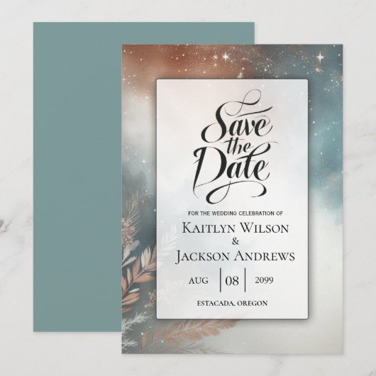 Sage en Terracotta Stardust Skies Bruiloft Save The Date (Voorkant / Achterkant)