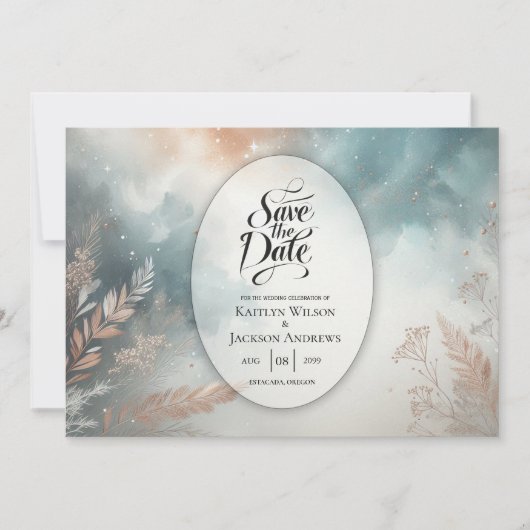 Sage en Terracotta Stardust Skies Bruiloft Save The Date (Voorkant)
