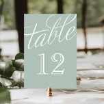 Sage en Wit Elegant Script Tabelnummers Kaart<br><div class="desc">Eenvoudige en elegante lijstaantalkaarten met een het manuscriptdoopvont van de calligrafiestijl. Pas elke kaart aan met uw tabelnummers om het even welke groottrouwerij of feestdag aan te passen. Klik op Aanpassen om het aantallettertype en de kleur van het getal te wijzigen of de achtergrondkleur te wijzigen in creëer uw eigen...</div>