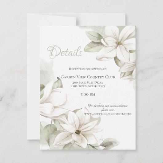 Sage en Witte Magnolia's Wedding Details Kaart (Voorkant)