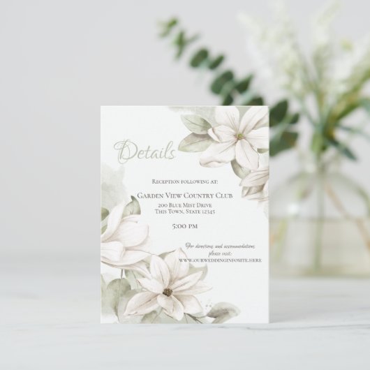 Sage en Witte Magnolia's Wedding Details Kaart (Staand voorkant)