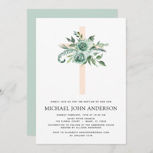 Sage Eucalyptus Baptism Greenery Cross Kaart (Voorkant / Achterkant)