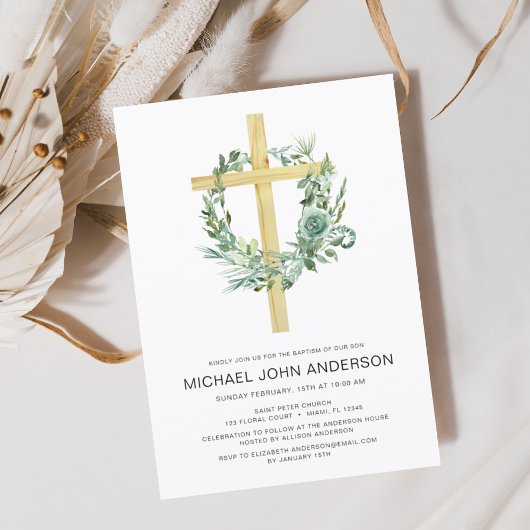 Sage Eucalyptus Baptism Greenery Gold Cross Kaart