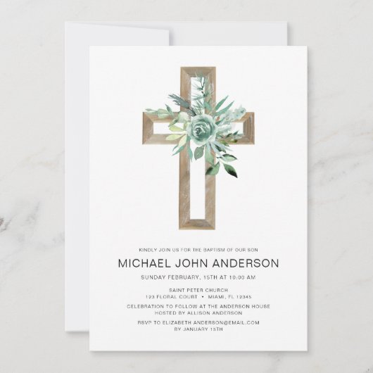 Sage Eucalyptus Baptism Greenery Gold Cross Kaart (Voorkant)