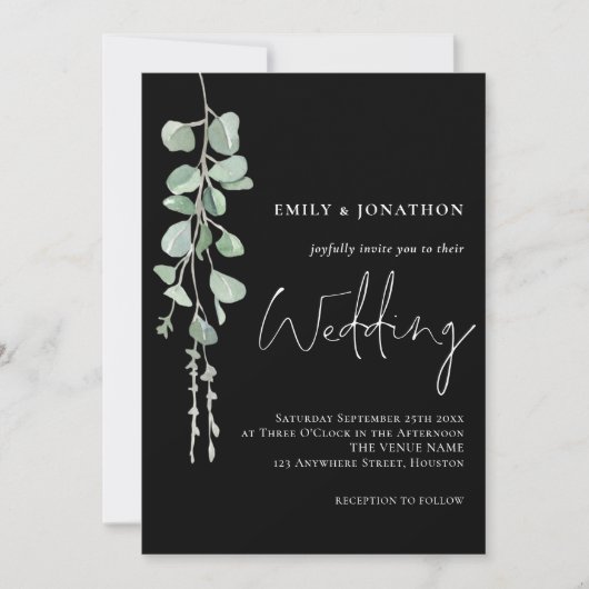 Sage Eucalyptus Elegant Script Black Wedding Kaart (Voorkant)